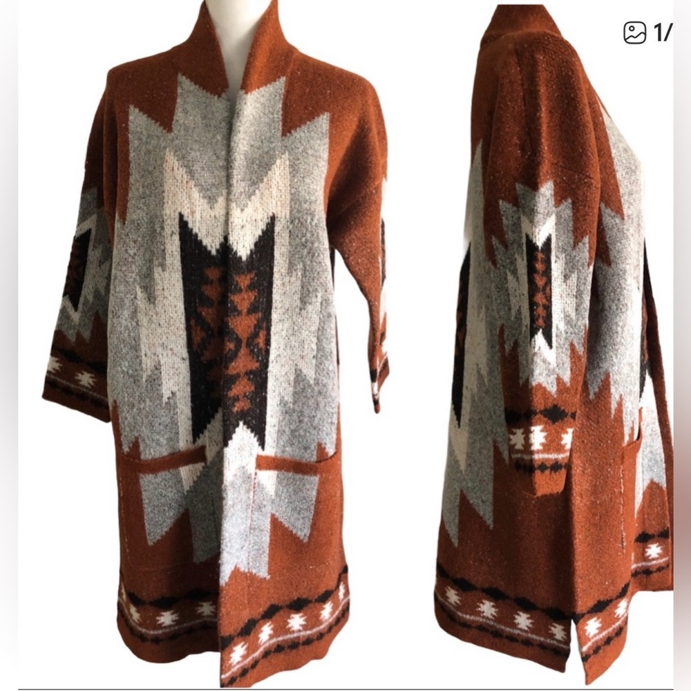 Rust Geo-Pattern Open Front Cardigan Sweater for … - image 5